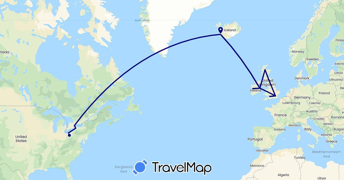 TravelMap itinerary: driving in Canada, United Kingdom, Ireland, Iceland, United States (Europe, North America)